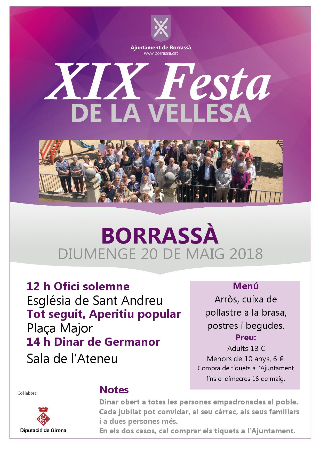 Unes 300 persones participaran aquest diumenge en el Dinar de Germanor de la XIX Festa de la Vellesa. L'homenatge a la gent més gran de Borrassà començarà a les 12 del migdia amb l'Ofici solemne.